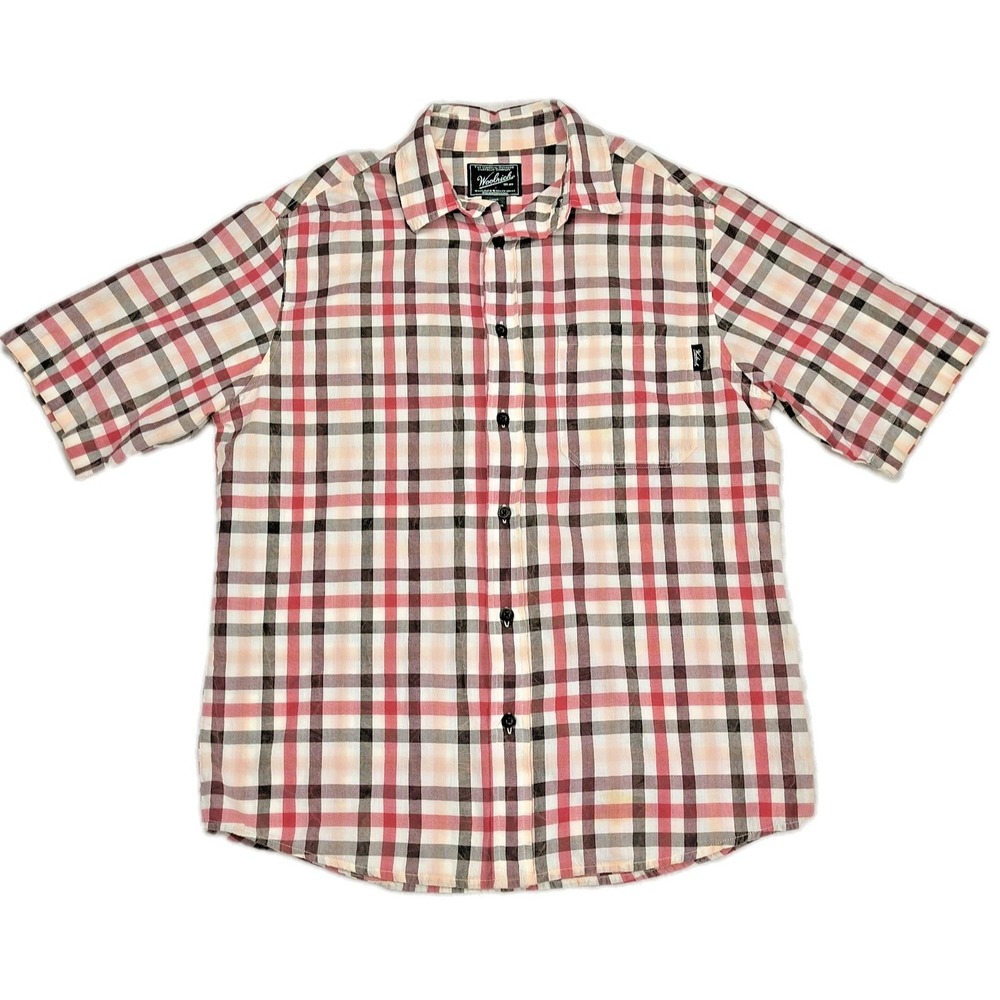 Woolrich Mens Plaid Short Sleeve‎ Button Up Shirt Red White Brown Size Medium